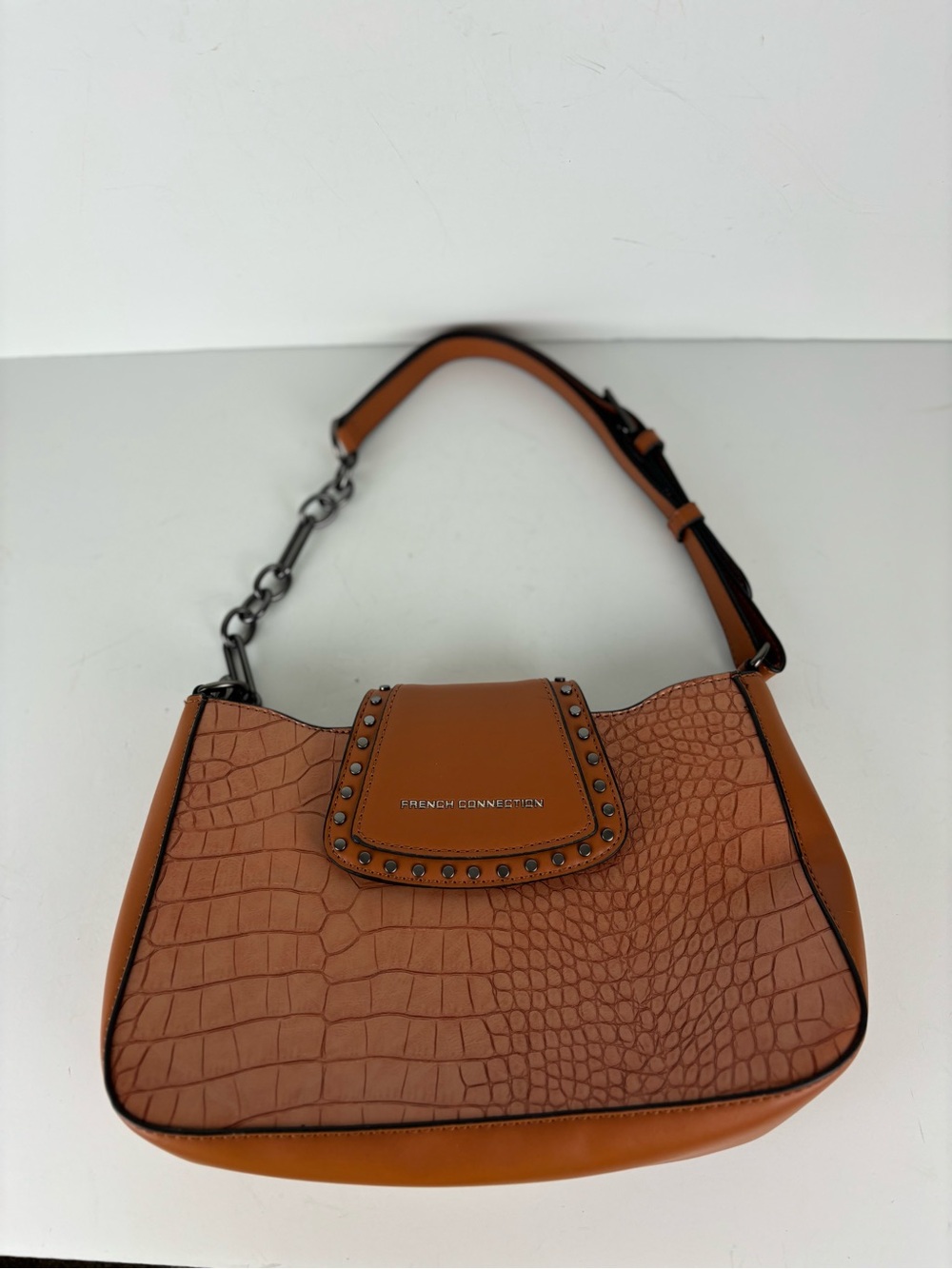 French Connection-Faux Crocodile textured shoulder bag in tan-chain strap